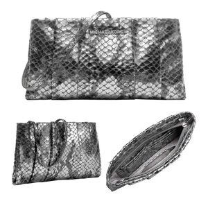 Nwot MICHAEL KORS Daria Pleated Clutch Genuine Python Embossed Leather - Silver